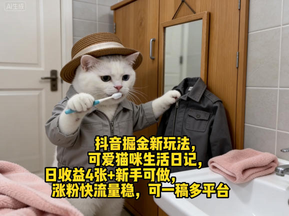 抖音掘金新玩法，可爱猫咪生活日记，日收益4张+新手可做，涨粉快流量稳，可一稿多平台-专注互联网轻创业轻推网创