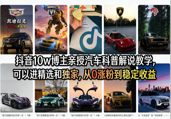 抖音10w博主亲授汽车科普解说教学，可以进精选和独家，从0涨粉到稳定收益(详细视频课程+1T素材)-专注互联网轻创业轻推网创