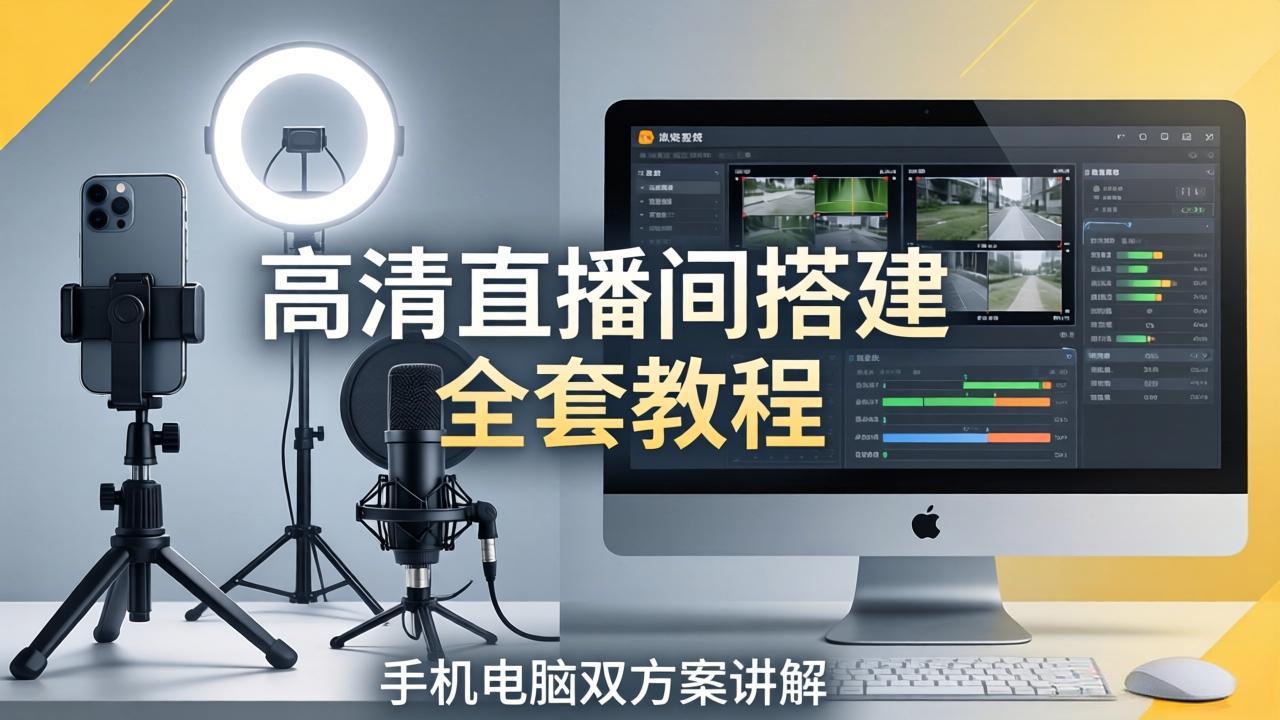 高清直播间搭建全套教程，手机电脑双方案讲解，设备选型调试多机位实操教学-专注互联网轻创业轻推网创